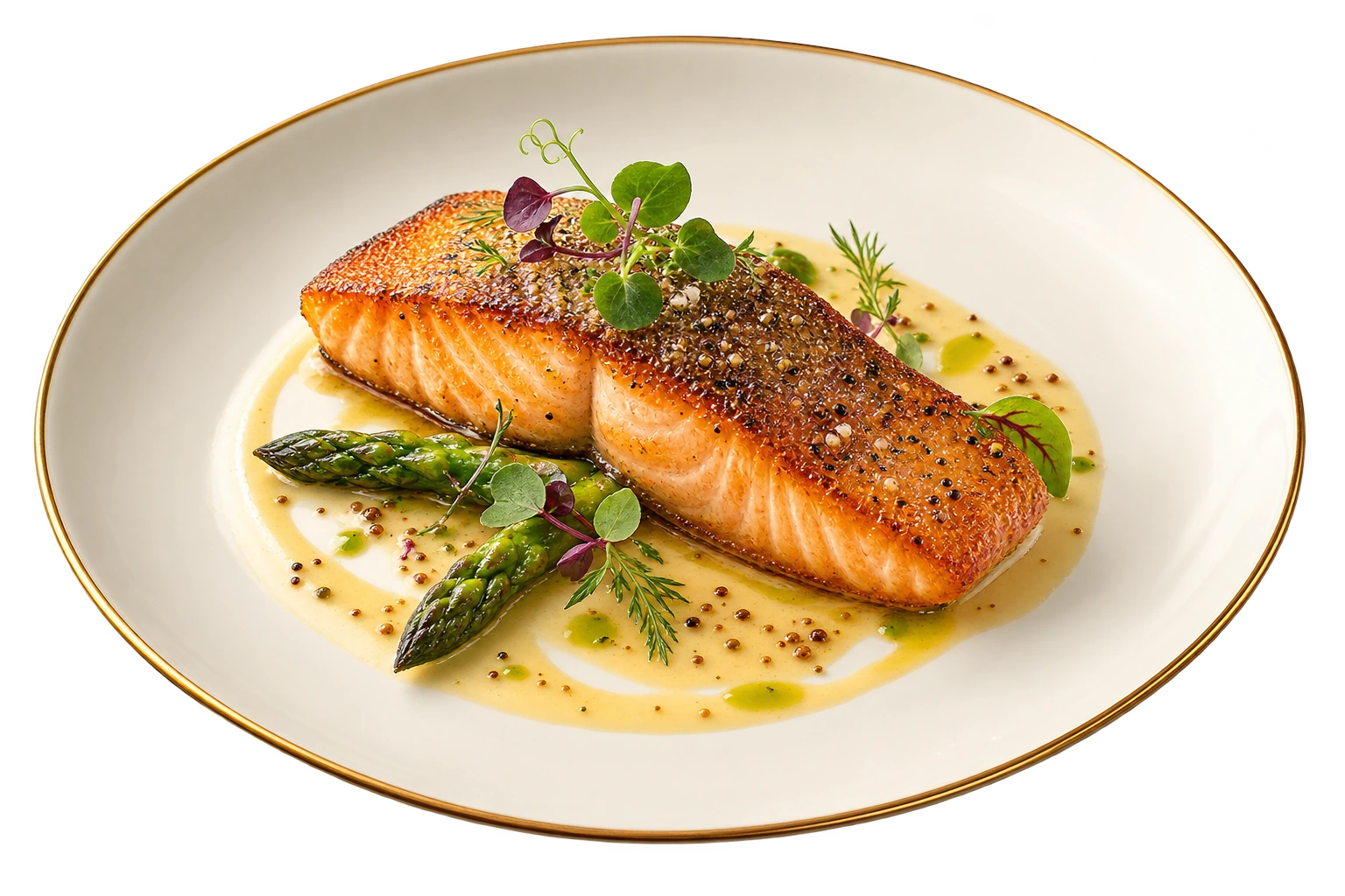 Seared salmon with a delicate sauce, an editorial food concept
